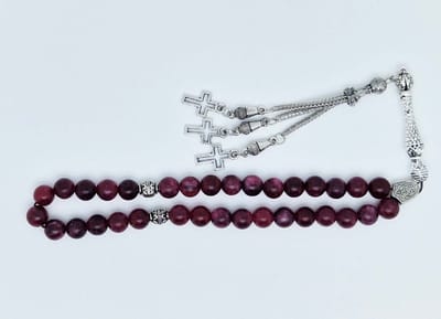Handgemaakte tesbih klassiek - "Tasbih" natuursteen "Lepidolite" - Aantal kralen 33 - Diameter kralen 8 MM - met metaal tassel "Kruis" - Een mooi cadeau-idee