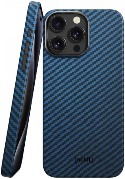 NEKIT Fiber Hoesje Geschikt voor Apple iPhone 15 Pro Max - Compatibel met MagSafe - High-tech Kevlar Aramidevezels 1500D - Back Cover Ultra Dun - Blauw