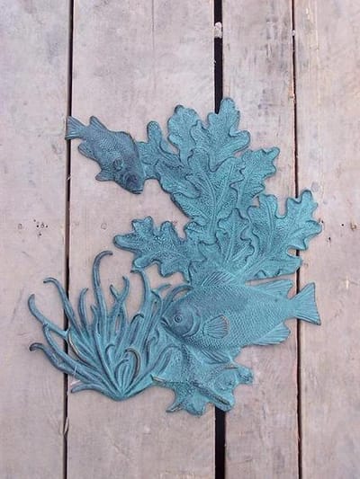 Tuinbeeld - bronzen beeld - Vissen en koraal muur deco - Bronzartes - 42 cm hoog