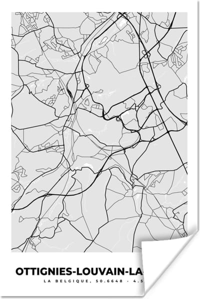 Poster Stadskaart – Zwart Wit - Kaart – Ottignies Louvain la Neuve – België – Plattegrond - 120x180 cm XXL
