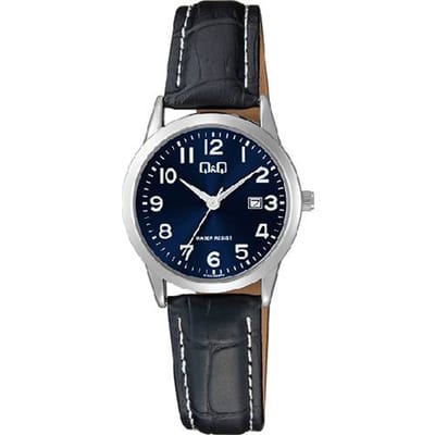 Q&Q-dames-horloge-datum-model a45a-005py-blauwe wijzerplaat-zwart leder-3 atm waterdicht-diameter 30 mm