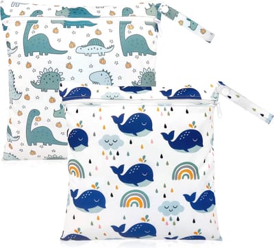 2 Stuks Wasbare Luiertas met Ritssluiting - Herbruikbare Organizer voor Nat en Droog, Ideaal voor Reizen, Strand en Zwembad, Groen en Blauw - 28x30 cm