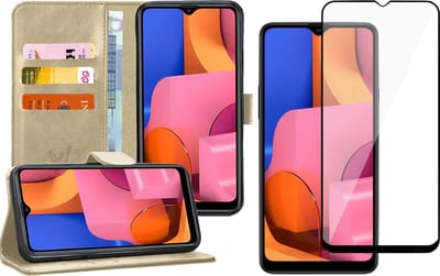 Hoesje geschikt voor Samsung Galaxy A20s - Screen Protector FullGuard - Book Case Kunstleer Pasjeshouder Goud & Screenprotector