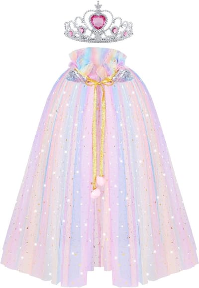 Kleurige Prinsessen Cloak Cape voor Meisjes met Kroon, Glinsterende Pailletten en Tulle voor Halloween en Verjaardagsfeestjes, Perfect voor Cosplay en Dress Up