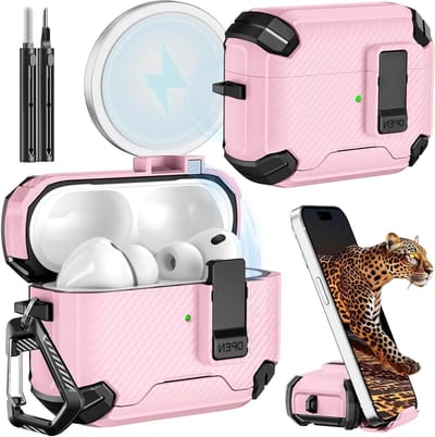 AirPods Pro 3 Hoesje - Oplaadcase Cover - Bescherming Oordopjes - Automatisch Vergrendelend Deksel - Met Telefoonstandaard - Roze