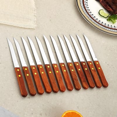 Set van 12 steakmessen van roestvrij staal met houten handvat, perfect voor thuis, restaurants, feesten en bruiloften. Ideaal cadeau voor kookliefhebbers en barbecuefans.