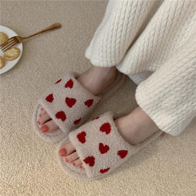 Pantoufles d'intérieur en coton pour la maison, Chaussons, Chaussures pour femmes, Automne Hiver, Mignon Cœur d'amour, Peluche Fourrure Moelleux, Pantoufles de maison antidérapantes 36-37