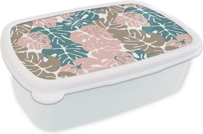 Broodtrommel Wit - Lunchbox - Brooddoos - Monstera - Jungle - Patronen - Pastel - Bladeren - 18x12x6 cm - Volwassenen