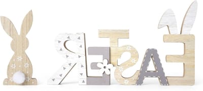 Set van 2 Houten Paasdecoraties met Schattige Konijnfiguren, Perfect voor Lente Tafel, Raamdecoratie en Eettafel Versiering