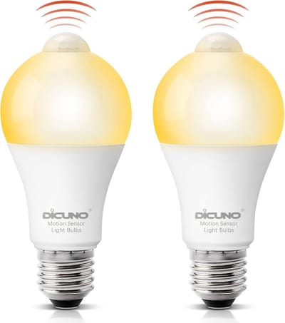 DiCUNO E27 PIR motion detector, 12W LED PI-Sensor replaces 100W, Warm white 2700K, 1100LM, 120° beam angle, E27 LED sensor bulb, Not dimmable, 2 pieces