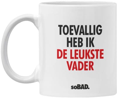 Mok vaderdag - wit - Toevallig heb ik de leukste vader - soBAD. | Mug | Tekst | Collega | Kantoorhumor | Theemok | Koffiemok | Koffiebeker | Vaatwasbestendig