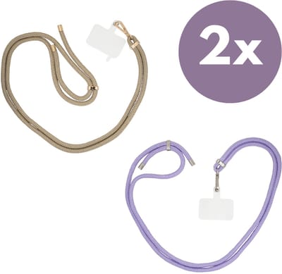 xoxo Wildhearts bundel 2x telefoonkoord - Bruin met Goud & Lila met zilver - Easy Cord - Telefoonbandjes - Ketting voor telefoon universeel - Koord geschikt voor iPhone - Phone Cord Samsung - 2x Easy Cord