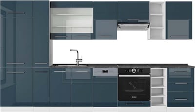 Vicco Fame-Line Complete keukeneenheid – 355 cm, WB Antraciet Donkerblauw hoogglans/wit