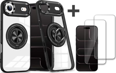 Hoesje Geschikt voor iPhone 17 Air Arara hoesje voor Magsafe Transparant hard case - kickstand Draaibare Ring Houder met 2 stuks screenprotectors - Zwart