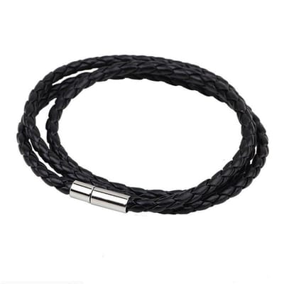 Extra Lange Leren Armband Zwart met Stalen Sluiting - Armbanden Heren Dames - Papa Cadeau Voor Mannen - Vaderdag