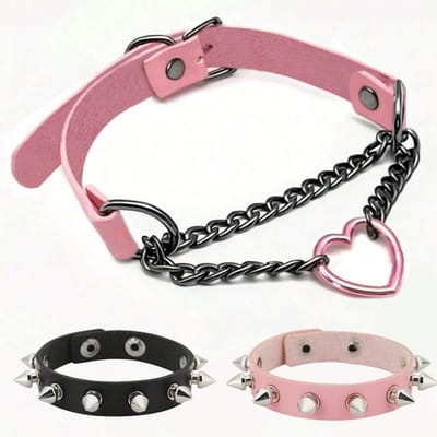 3 Stuks Halloween Punk Gothic PU Leer Modieuze Ketting Armbanden, Dagelijkse Vakantiefeest Kostuum Decoratie pink