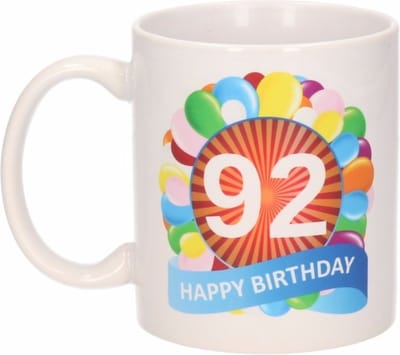 Beallatio Decorations - 92 jaar Verjaardag koffiemok - cadeau beker - feestelijke ballonnen print - 300 ml - keramiek - wit