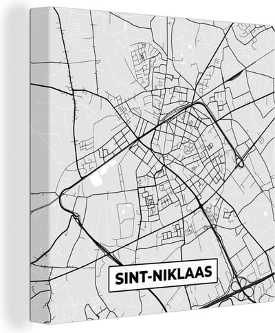 Canvas Schilderij België – Sint Niklaas – Stadskaart – Kaart – Zwart Wit – Plattegrond - 20x20 cm - Wanddecoratie