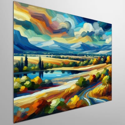 Olieverf landschap schilderij | Prachtig landschap in levendige kleuren geschilderd met olieverf medium | Kunst - 20x20 centimeter op Dibond | Foto op Dibond