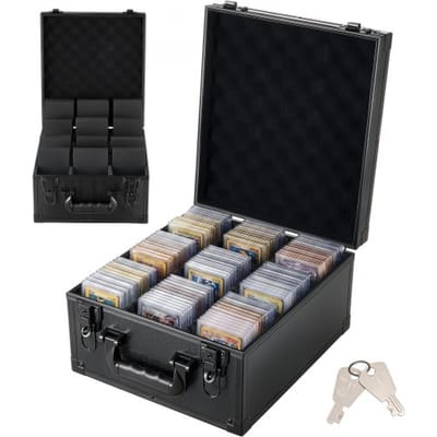 VEVOR Kaartopbergdoos voor 150 PSA Slab-kaarten, verzameldoos, zwart, geschikt voor 100 SGC-, 80 BGS-, 500 Toploader-kaarten of meer dan 999 losse kaarten, met 3 rijen, handvat, 12 tussenschotten en sleutels.