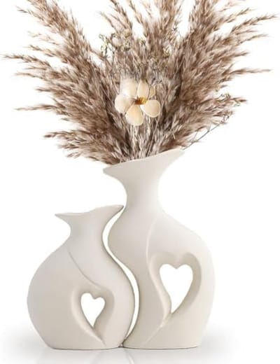 Set van 2 witte keramische vazen met ringvorm design voor droge en verse bloemen, pampasgras decoratie, moderne Scandinavische stijl, matte afwerking, perfect voor woonkamer, slaapkamer en kantoor