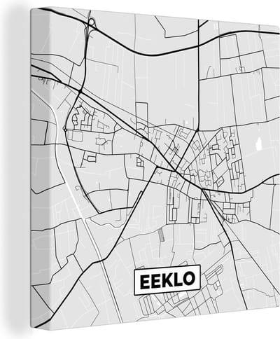 Canvas Schilderij Zwart Wit – België – Plattegrond – Stadskaart – Kaart – Eeklo - 20x20 cm - Wanddecoratie