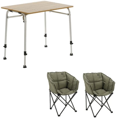 Travellife Sorrento Brown 80 Campingtafel met Lago Vouwstoelen Moss Green