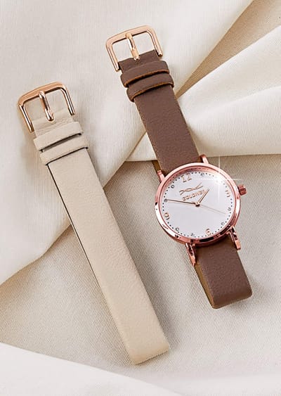 Horloge met verwisselbaar polsbandje - taupe / gebroken wit - Gr. Standaardmaat van Goldner Fashion