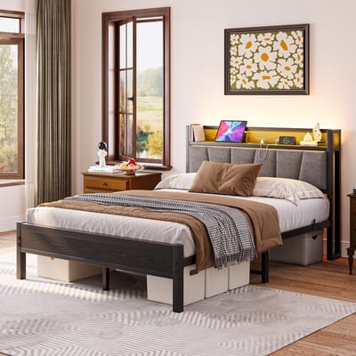 Wishdor Luxe Metalen Tweepersoonsbed 140x190 cm - Gestoffeerd Hoofdbord met LED, USB & Stopcontact - Industrieel Design - Zwart/Grijs