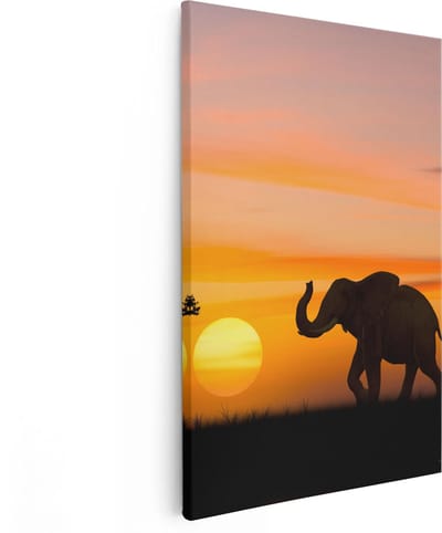 Artaza Canvas Schilderij Olifant Afrika - 20x30 cm - Klein - Wanddecoratie Dieren - Muurdecoratie Zonsondergang - Kamer Accessoires Woonkamer