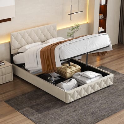 Wishdor Gestoffeerd Bed - Hydraulische Opbergruimte - Gecapitonneerd Velvet - Beige - 140x200 cm