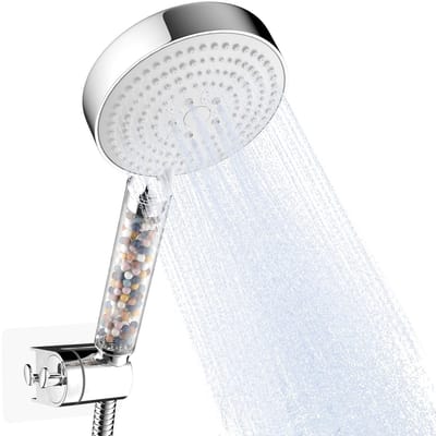 Dailygoods - OFFO gefilterde douchekop, 6 straalsoorten, Groot, Waterbesparend, Met 1.6m slang en wandhouder, Helder handvat met Wit deksel, Chroom