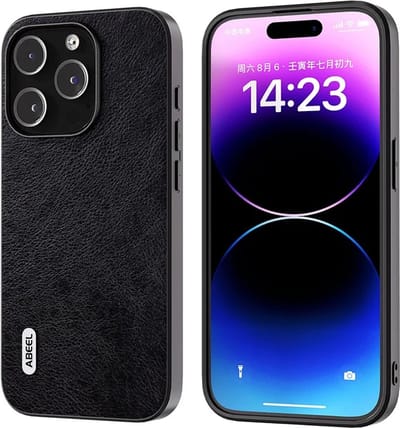 ABEEL – iPhone 15 Pro – Backcover hoesjes – Cowhide Leather+PC+TPU – Litchi – Anti-Scratch – Zwart