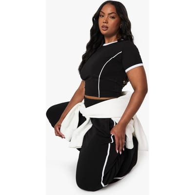 boohoo Dames Plus Piping Detail T-shirt And Straight Leg Jogger Set | Zwart | Maat: 44