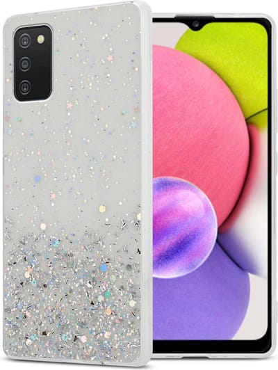 Cadorabo Hoesje geschikt voor Samsung Galaxy A03s in Transparant met Glitter - Beschermhoes van flexibel TPU silicone met fonkelende glitters Case Cover Etui