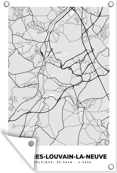Muurdecoratie Stadskaart – Zwart Wit - Kaart – Ottignies Louvain la Neuve – België – Plattegrond - 120x180 cm - Tuinposter - Tuindoek