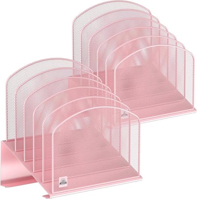 Geneigd bureaubestandsorganizer, 5-secties verticale bestandsmaphouder, standaard metalen rek, bestandsorteerder voor kantoor, klaslokaal, desktoporganisatie (roze, 2 stuks)