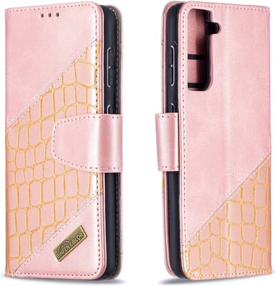 BINFEN Hoesje - Geschikt voor Samsung Galaxy S21 Hoesje - BINFEN Croco Book Case - Rose Gold