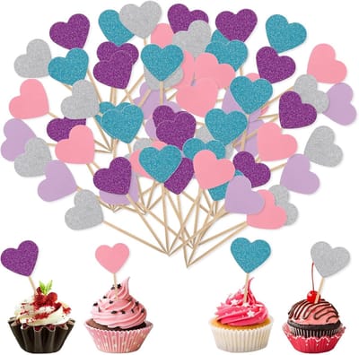 50 stuks hartvormige cupcaketoppers, veelkleurige glitter hart cupcaketoppers, mini verjaardagstaart snackdecoraties voor huwelijksverjaardag verjaardag Valentijnsdag feestbenodigdheden