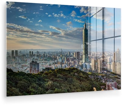 ® Glasschilderij 180x120 cm - Schilderij acrylglas - Zonsondergang bij de Taipei 101 in Taiwan - Foto op glas - Muurdecoratie woonkamer - Wanddecoratie slaapkamer - Schilderijen
