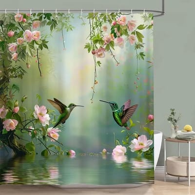 Kolibrie Bloemen Douchegordijn Vogels Aquarel op Bloementakken Bedrukt Polyester Badgordijnen Badkamer Decor met Haken 90x180cm-35x70in
