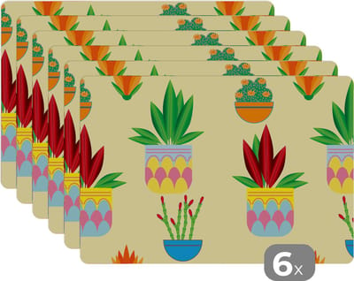 Placemat - Placemats kunststof - Planten - Bloempot - Patronen - Regenboog - 45x30 cm - 6 stuks - Hittebestendig - Anti-Slip - Onderlegger - Afneembaar