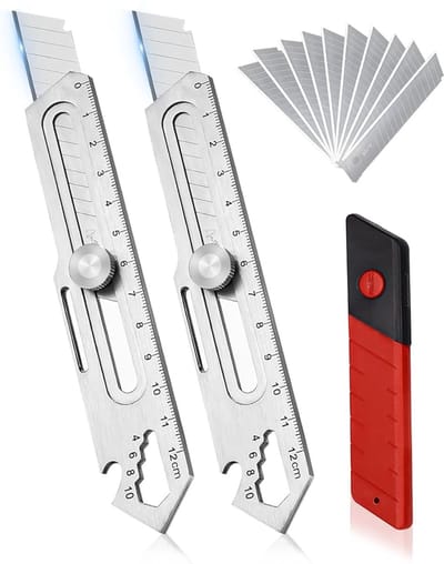 2-delige set - Multifunctioneel universeel mes - Multifunctioneel scheermes met uitschuifbaar blad - Telescopische doosopener - Inclusief 10 vervangbare mesjes (18 mm breed) - Geschikt voor kantoor, thuis en school - Zilver