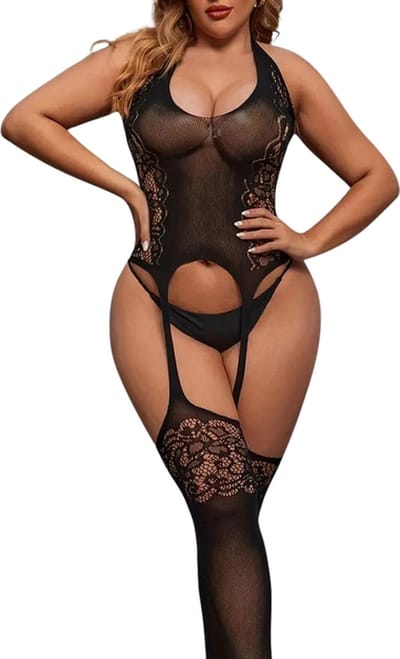 LekkerStout Plus Size Body met Jarretels - Zwart - Sexy Lingerie | M-XL | ( LS017 )