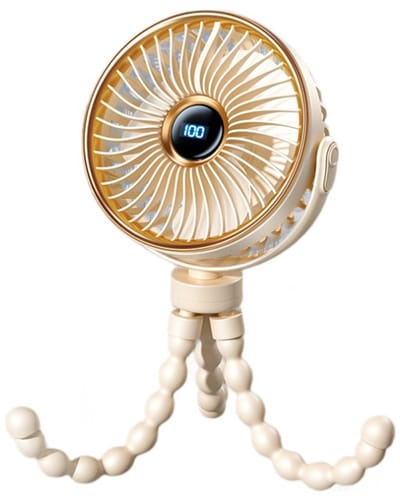 Draagbare mini kinderwagenventilator, oplaadbare persoonlijke ventilator, reisbenodigdheid voor babywagen, speelwagen, autostoel en loopband, fietsaccessoire, 360° draaibaar, 3 snelheden met display, beige
