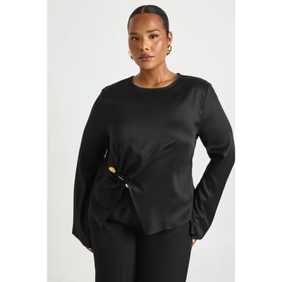 boohoo Dames Plus blouse met uitlopende mouwen en gouden afwerkingsdetails | Black | Maat: 16