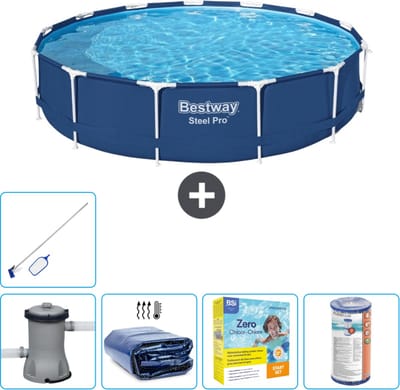 Bestway Rond Steel Pro Zwembad - 396 x 84 cm - Blauw - Inclusief Pomp Solarzeil - Onderhoudspakket - Filter - Schoonmaakset