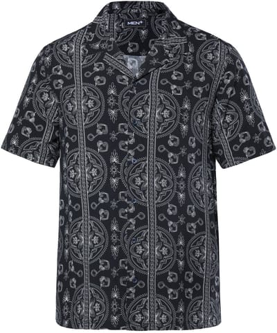 Men Plus - Heren - overhemd korte mouwen print all-over Cubaanse kraag Cuba-Fit - Zwart - Maat 3XL