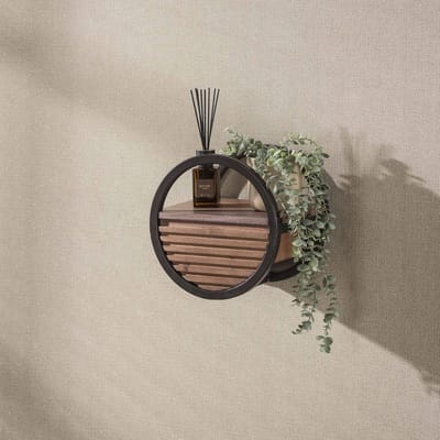 PS-Collection Wandschap Acaciahout Bruin 1 Lade Circular Ø30cm - wandplank, wandrek industrieel, wandrek metaal zwart, wandrek rond, wandrekken, wandplank zwevend, wandplank hout