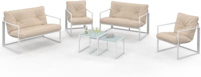 Tuinmeubel Set - Loungeset Buiten - Ontspannen in de tuin - Inclusief 2 tafels - 6-persoons - Wit Beige